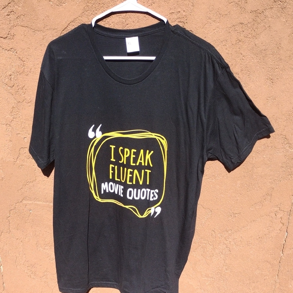 Black I Speak Fluent Movie Quotes Graphic T-Shirt with Yellow and White Print